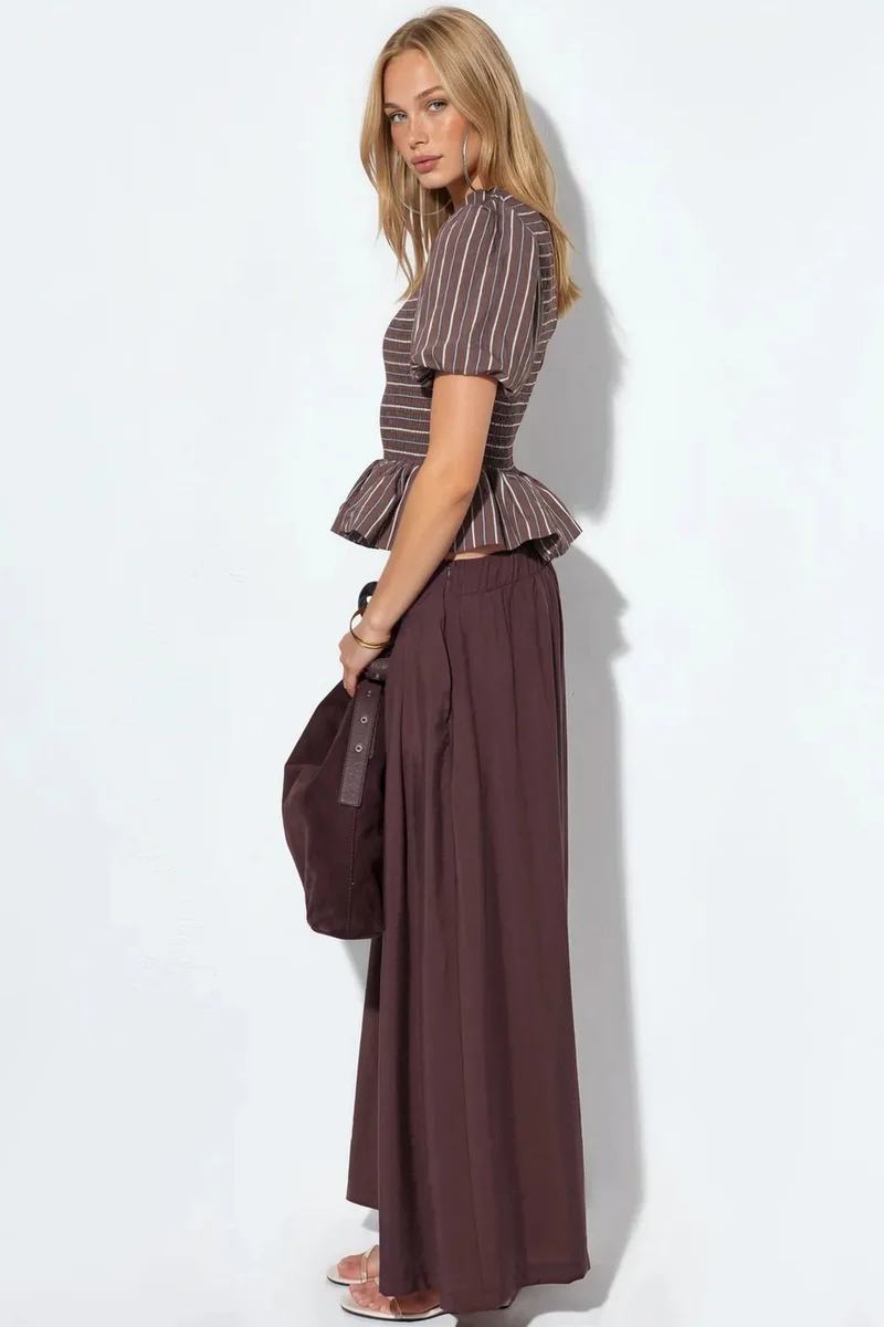 Busem Coffee Brown BUSEM Striped Textured Frill Blouse for Women | Best Price UAE