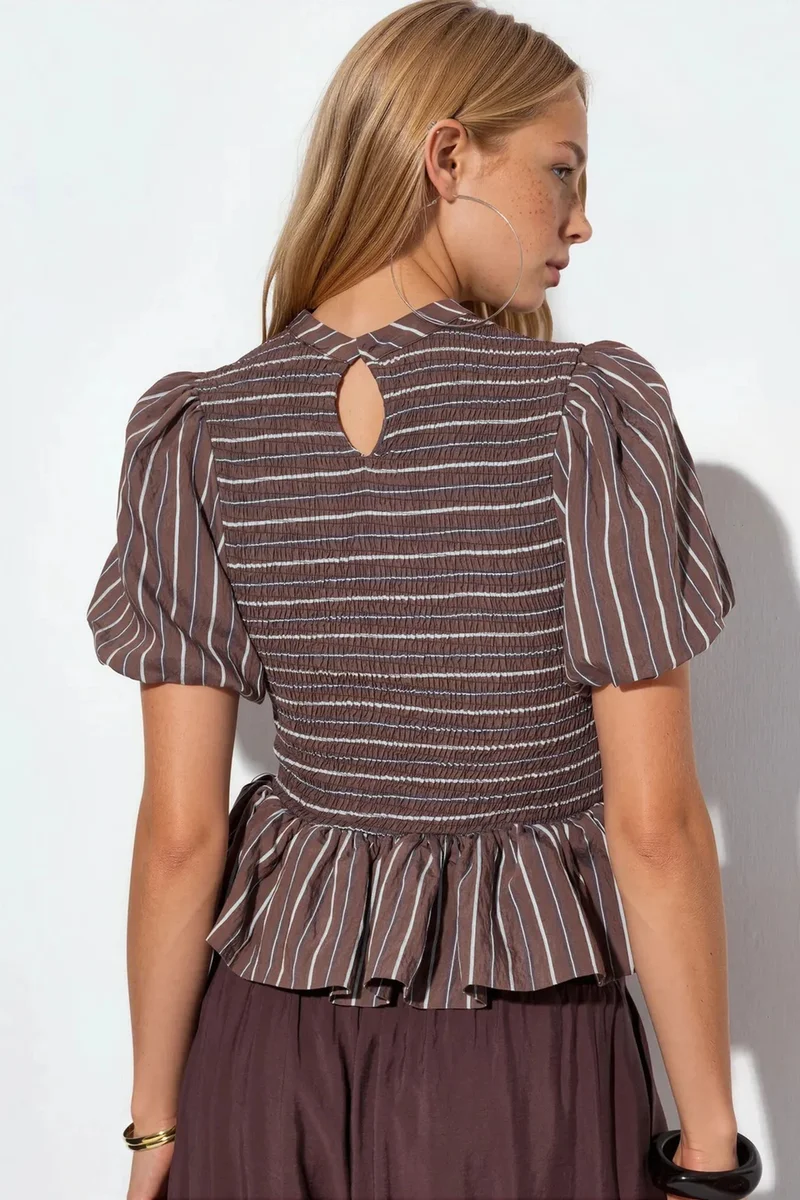 Busem Coffee Brown BUSEM Striped Textured Frill Blouse for Women | Best Price UAE