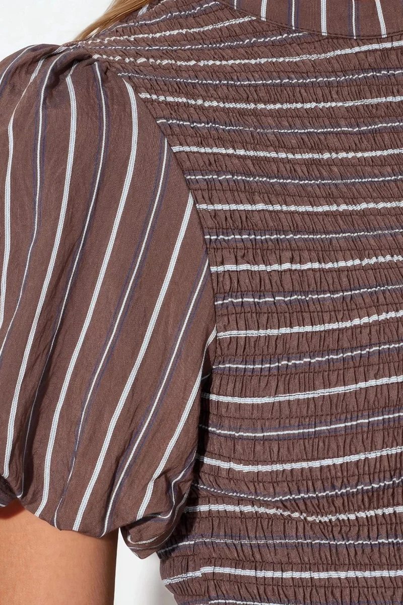 Busem Coffee Brown BUSEM Striped Textured Frill Blouse for Women | Best Price UAE