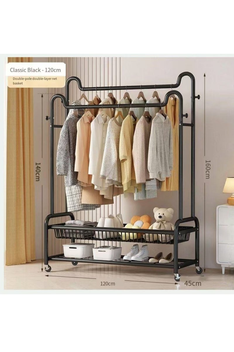 رف ملابس مزدوج المسار عالي الوظيفة مع خطافات جانبية ومنطقة تخزين سفلية وعجلات. مناسبة لتعليق الملابس والأحذية والحقائب في غرفة النوم أو على الشرفة. (أسود) - Image 2