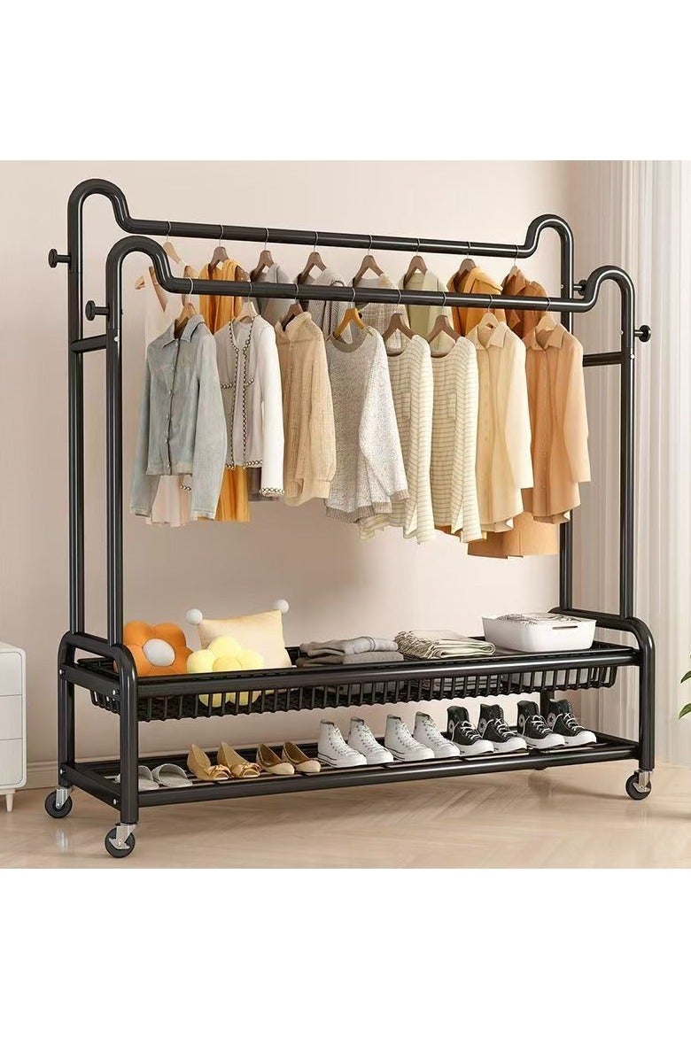رف ملابس مزدوج المسار عالي الوظيفة مع خطافات جانبية ومنطقة تخزين سفلية وعجلات. مناسبة لتعليق الملابس والأحذية والحقائب في غرفة النوم أو على الشرفة. (أسود) - Image 3