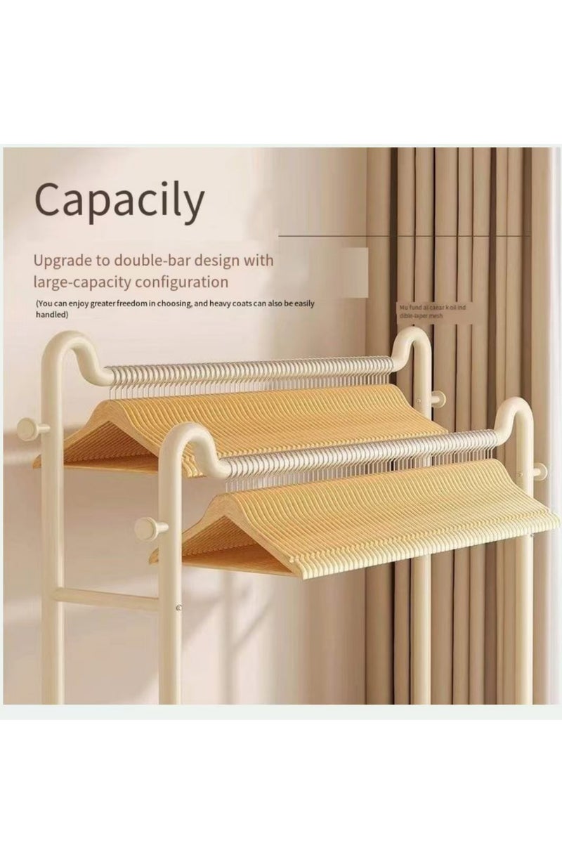 رف ملابس مزدوج المسار عالي الوظيفة مع خطافات جانبية ومنطقة تخزين سفلية وعجلات. مناسبة لتعليق الملابس والأحذية والحقائب في غرفة النوم أو على الشرفة. (أسود) - Image 4