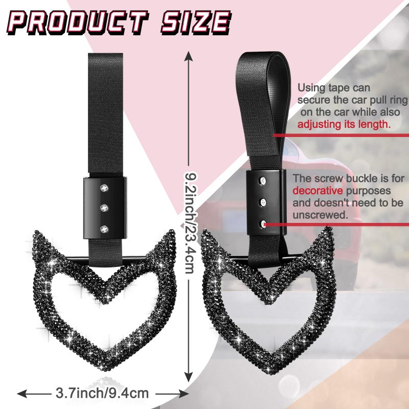 Fabbay Bling Car Accessories Bling Heart Handle Ring Car Accessory for Women Hand Strap Drift Charm Rear Bumper Warning Ring Decor for Auto Bus Interior Exterior Decoration (Black, Heart Style) - Image 2