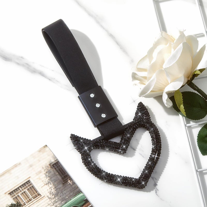 Fabbay Bling Car Accessories Bling Heart Handle Ring Car Accessory for Women Hand Strap Drift Charm Rear Bumper Warning Ring Decor for Auto Bus Interior Exterior Decoration (Black, Heart Style) - Image 4