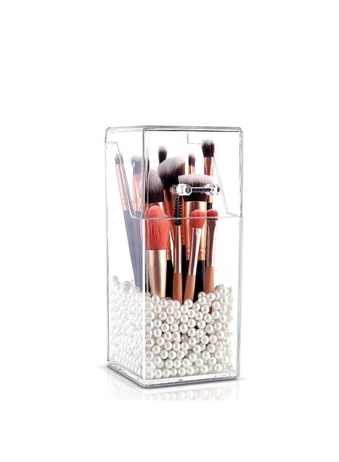 Quupy Clear Makeup Brushes Holder with Lid Acrylic Makeup Brush Jewellery Organiser Storage Holder Jar for Dresser Bedroom Bathroom(Without pearls and brushes) - Image 1