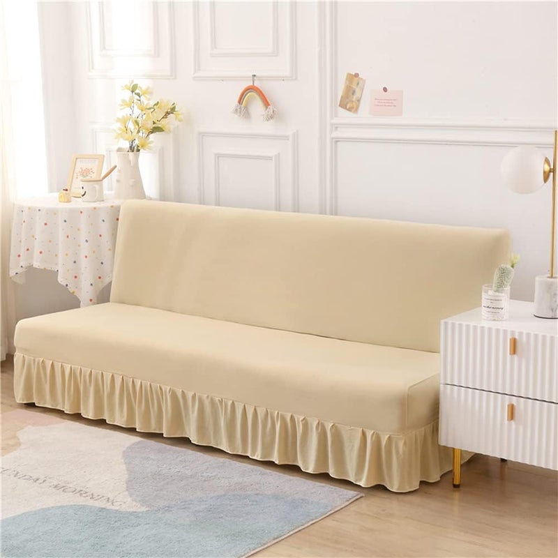ANWUCHEN Futon Cover-Stretch Armless Futon Covers Full Size With Skirt Ruffled Futon Sofa Cover Washable Folding Sofa Bed Cover Soft Futon Couch Cover Slipcover With Elastic Bottom For Kids,Pets(Beige) - Image 2