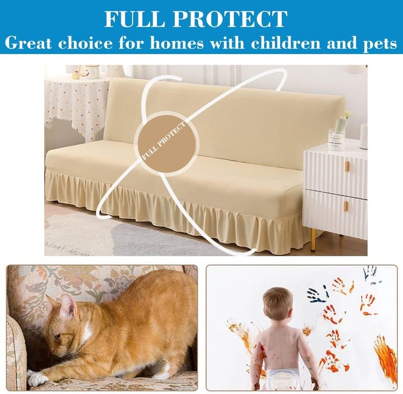 ANWUCHEN Futon Cover-Stretch Armless Futon Covers Full Size With Skirt Ruffled Futon Sofa Cover Washable Folding Sofa Bed Cover Soft Futon Couch Cover Slipcover With Elastic Bottom For Kids,Pets(Beige) - Image 5