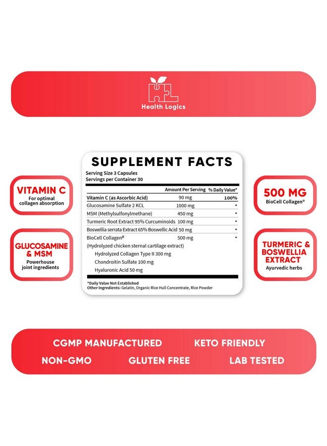 Health Logics تحرك! مفاصل صحية مع كولاجين بيوسيل جلوكوزامين MSM فيتامين C مستخلص الكركم 95% كركمين بوسويليا سيراتا؛ دعم راحة المفاصل؛ غير معدلة وراثيًا؛ 90 كبسولة - Image 5