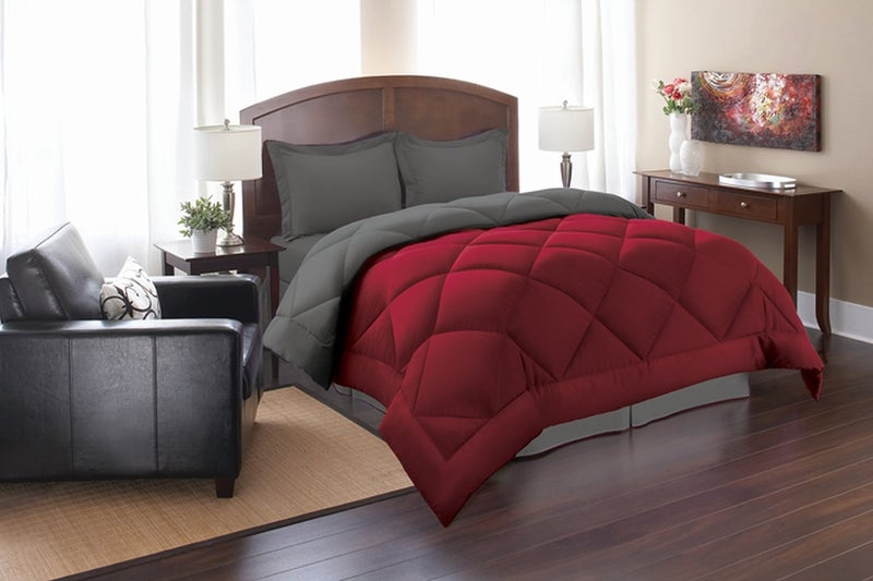 Elegance Linen لحاف بديل فاخر من قماش الكتان ناعم جداً 3 قطع قابل للعكس، كوين، أحمر/رمادي - Image 2