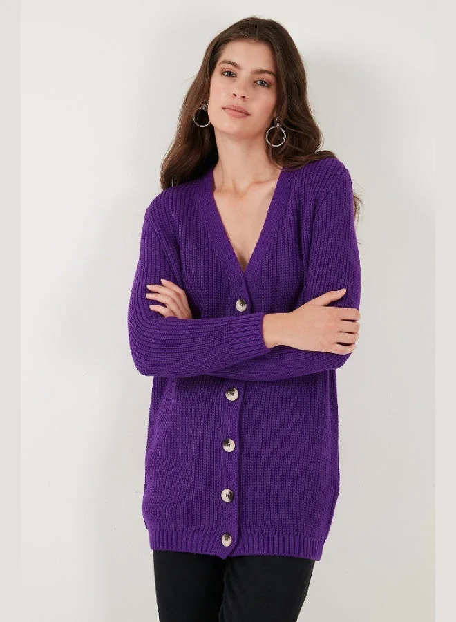 ليلا كارديجان طويل محبوك بأزرار وياقة على شكل  بقصة عادية للنساء