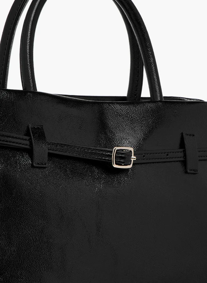 Flora Bella By Shoexpress Solid Tote Bag with Buckle Accent and Zip Closure