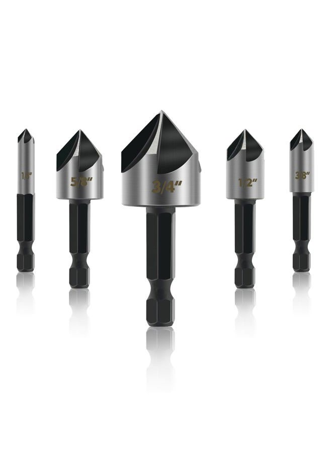 GMTOOLS 5PCS Countersink Drill Bit Set, High Speed Steel Countersink Bits, 82 Degree 5 Flute Pieces, 1/4 Inch Hex Shank, Fit for Sink Holes into Metals, Wood, Plywood, Plastic - Image 1