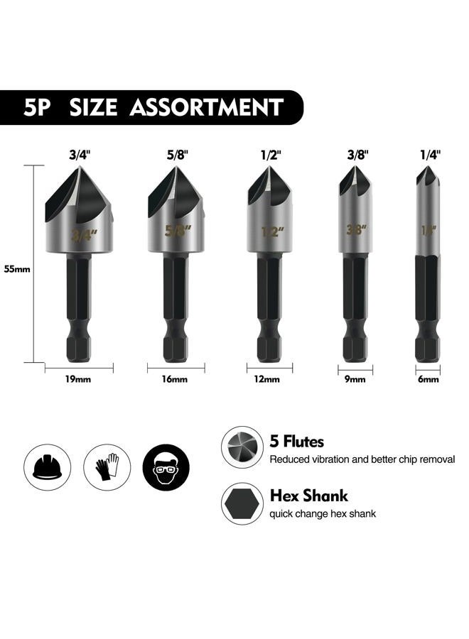 GMTOOLS 5PCS Countersink Drill Bit Set, High Speed Steel Countersink Bits, 82 Degree 5 Flute Pieces, 1/4 Inch Hex Shank, Fit for Sink Holes into Metals, Wood, Plywood, Plastic - Image 2