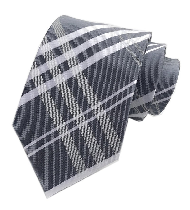 Elfeves Men Stripe Grey and White Jacquard Silk Tie Formal Necktie For Big Boy Youth Son - Image 3