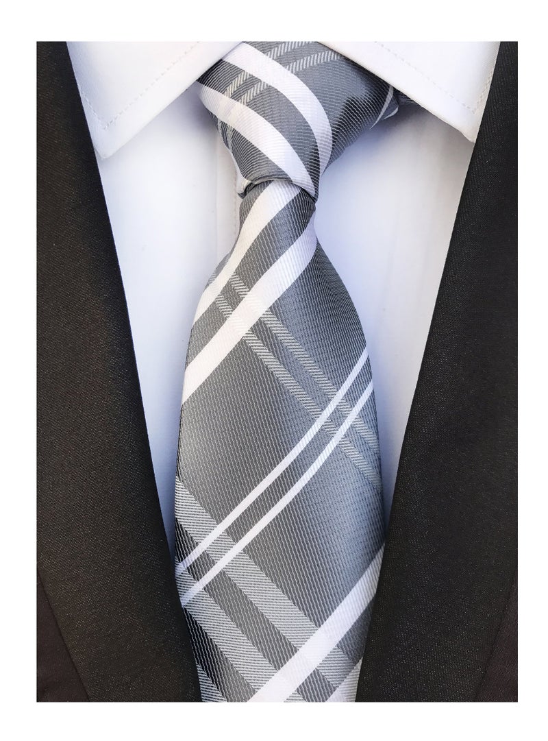 Elfeves Men Stripe Grey and White Jacquard Silk Tie Formal Necktie For Big Boy Youth Son - Image 2