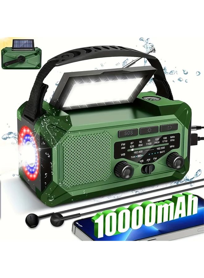 Army Green Solar Emergency Radio 10000mAh Hand Crank Charger AM FM NOAA Weather Alert Flashlight Compass Phone Charger SOS for Camping - Image 1