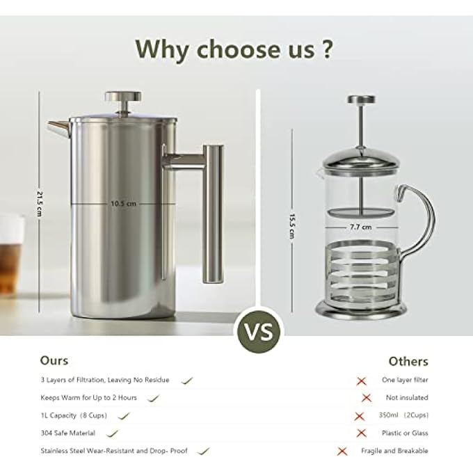 Enfmay French Press Coffee Maker 304 Stainless Steel Coffee Press 1 L8 Cups French Press Coffee 3 Level Filtration System Double Walled Insulated Caffettiere Suitable For Home And Office Silver - Image 4