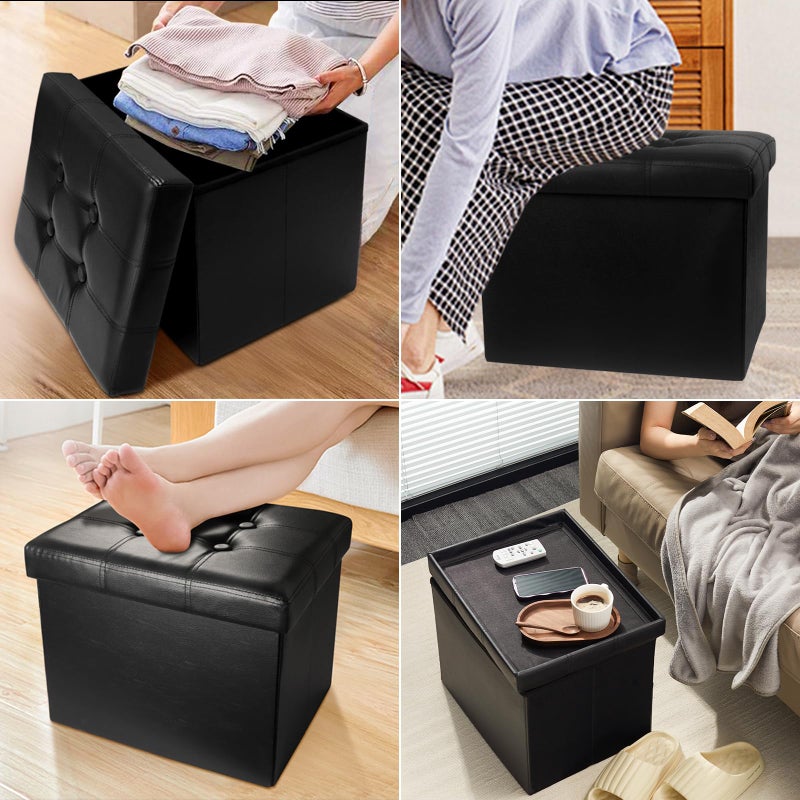 AmasSmile Storage Ottoman Folding Foot Rest Stool, Leather Footstool Bench, Short Ottoman Stool, Storage Foot Rest Store, Books (Black, 17" D x 13" W x 13" H) - Image 4