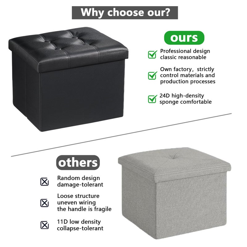 AmasSmile Storage Ottoman Folding Foot Rest Stool, Leather Footstool Bench, Short Ottoman Stool, Storage Foot Rest Store, Books (Black, 17" D x 13" W x 13" H) - Image 3