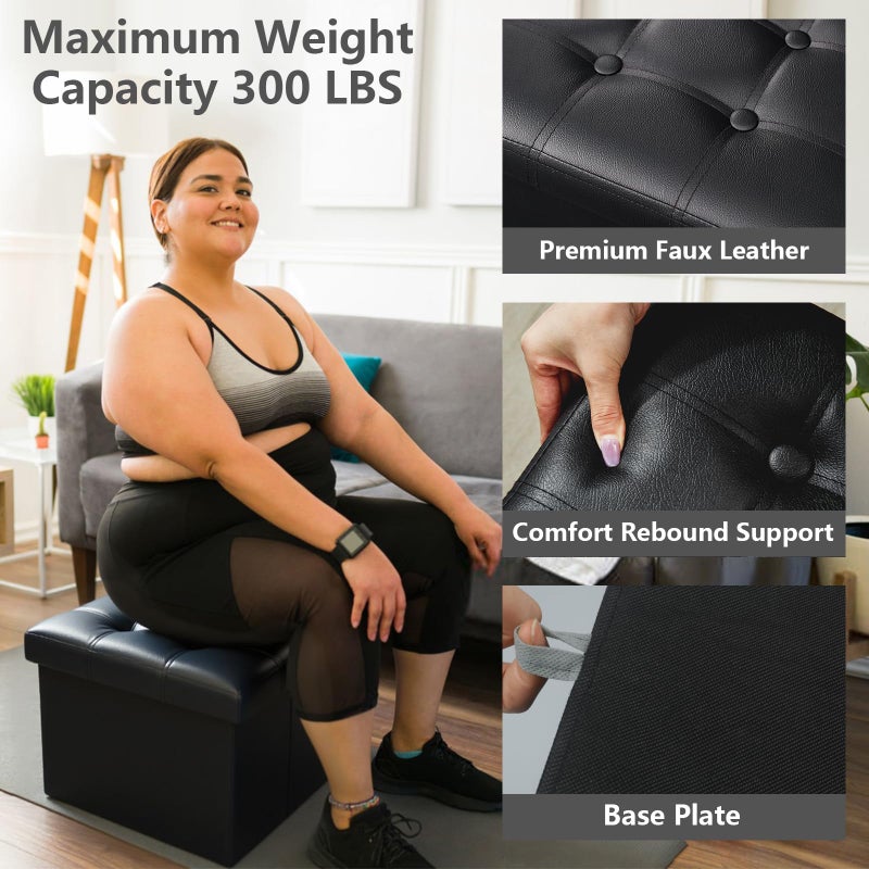 AmasSmile Storage Ottoman Folding Foot Rest Stool, Leather Footstool Bench, Short Ottoman Stool, Storage Foot Rest Store, Books (Black, 17" D x 13" W x 13" H) - Image 5