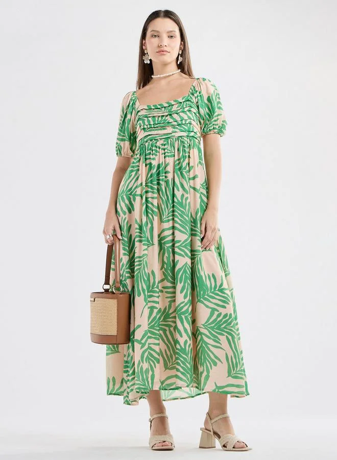 Splash FAV All-Over Print Maxi Dress with Square Neck and Short Sleeves