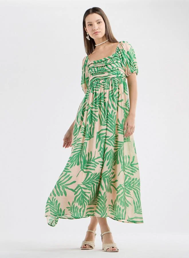 Splash FAV All-Over Print Maxi Dress with Square Neck and Short Sleeves