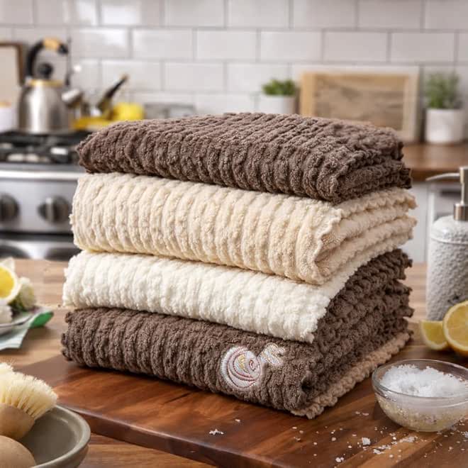 Set Of 4 Cotton Towels Premium Elegant Multipurpose Soft Absorbent Kitchen Bathroom Hand Face Dish Cleaning Cloth Home Hotel Wash Reusable Luxury Level Fabric Collection Random Colors 30x30 cm
