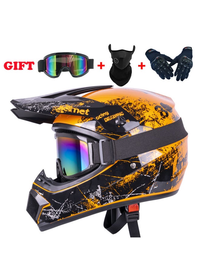 Off-Road Motorcycle Full Helmet - Orange Floral Hard Shell, Four Seasons Unisex