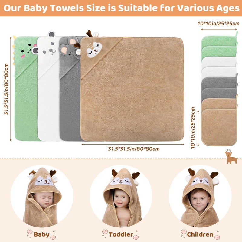 CandyHome 12 PCS Baby Bath Towels Set for Infants Toddlers, 4 PCS Animal Hooded Baby Towels & 8 PCS Washcloths Set, Ultra Absorbent Cute Soft Newborn Bath Essentials Gifts for Boys & Girls - Image 2