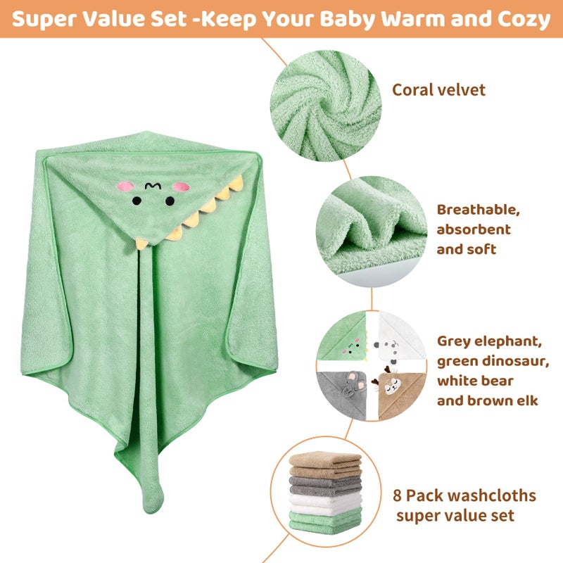 CandyHome 12 PCS Baby Bath Towels Set for Infants Toddlers, 4 PCS Animal Hooded Baby Towels & 8 PCS Washcloths Set, Ultra Absorbent Cute Soft Newborn Bath Essentials Gifts for Boys & Girls - Image 4