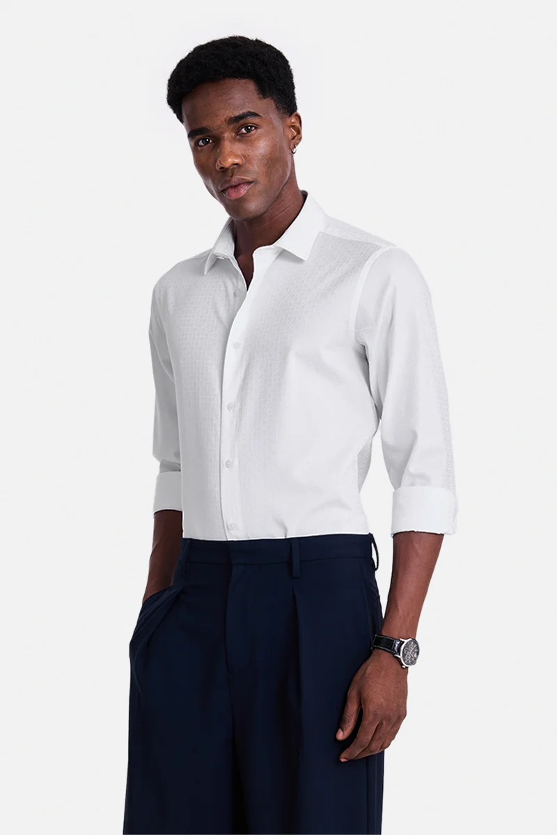 سنيتش White Geometric Long Sleeve Slim Fit Formal Shirt