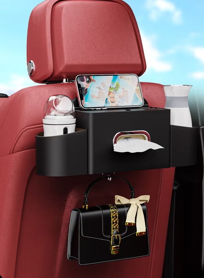 Car Organizers A leather car seat back storage bag with foldable table support, and a multi-pocket hanging storage bag for car seat backs - Image 1