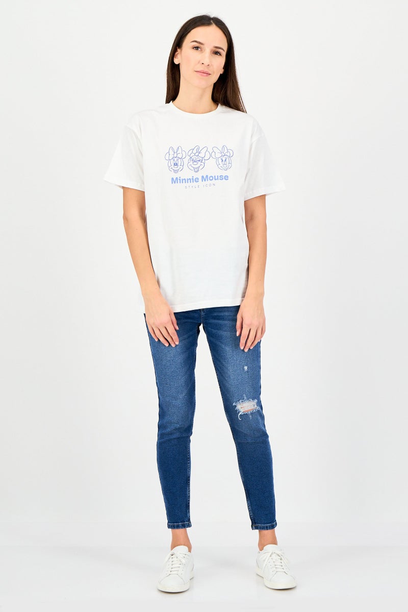 Disney Women Crew Neck Short Sleeve  Minnie Mouse T-shirt, White - Image 3