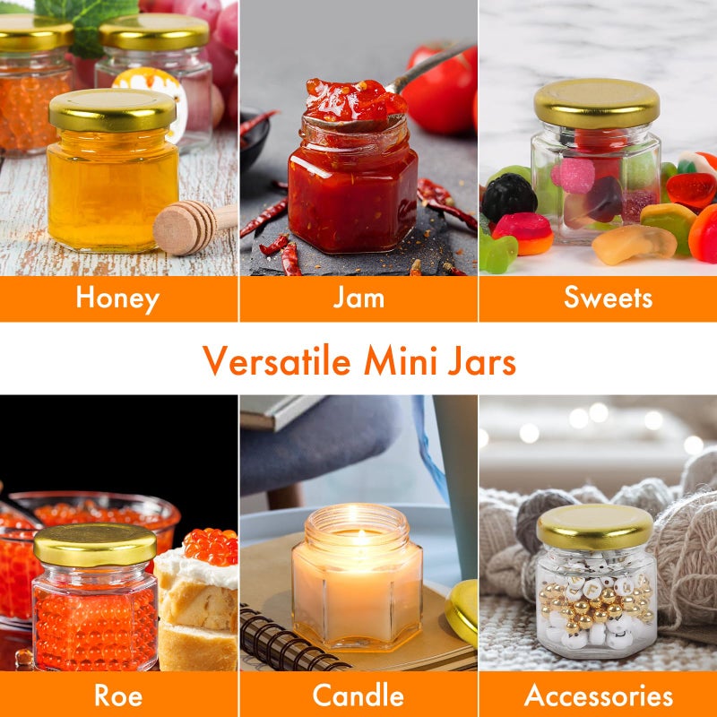 AuroTrends Mini Honey Jars with Dipper 1.5oz 60Pack, Empty Hexagon Honey Jars for Baby Shower Favors/Wedding Favors for Guests Bulk-Mini Glass Jar with Lids/Wooden Dippers (1.5 fl.oz-60Pack) - Image 5