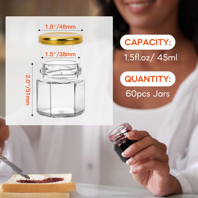 AuroTrends Mini Honey Jars with Dipper 1.5oz 60Pack, Empty Hexagon Honey Jars for Baby Shower Favors/Wedding Favors for Guests Bulk-Mini Glass Jar with Lids/Wooden Dippers (1.5 fl.oz-60Pack) - Image 3