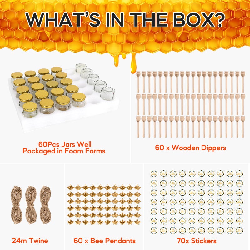 AuroTrends Mini Honey Jars with Dipper 1.5oz 60Pack, Empty Hexagon Honey Jars for Baby Shower Favors/Wedding Favors for Guests Bulk-Mini Glass Jar with Lids/Wooden Dippers (1.5 fl.oz-60Pack) - Image 4