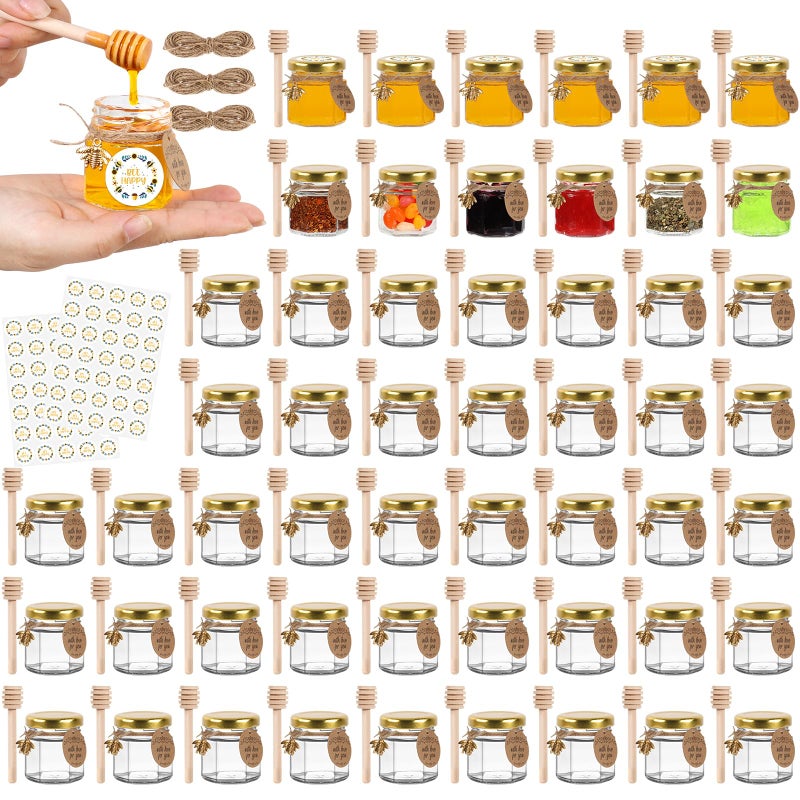 AuroTrends Mini Honey Jars with Dipper 1.5oz 60Pack, Empty Hexagon Honey Jars for Baby Shower Favors/Wedding Favors for Guests Bulk-Mini Glass Jar with Lids/Wooden Dippers (1.5 fl.oz-60Pack) - Image 1