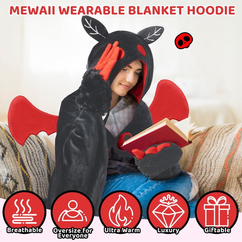 Mewaii Wearable Mothman Blanket Hoodie for Adults  Halloween Mothman Costume Hooded Cloak  Warm and Cozy Flannel Cute Animal Blanket Hoodie  Funny Halloween Blanket Gifts for Women And Males - Image 3