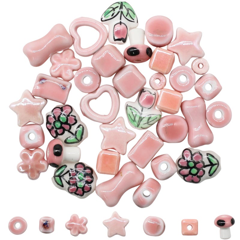 Decoendiy 30Pcs Pink Ceramic BeadsChinese Special Porcelain BeadsAnimal Shape Ceramic BeadsBulk Beads for DIY Earrings Necklaces Bracelets for Jewelry Pendants Making Home Hanging Decorations