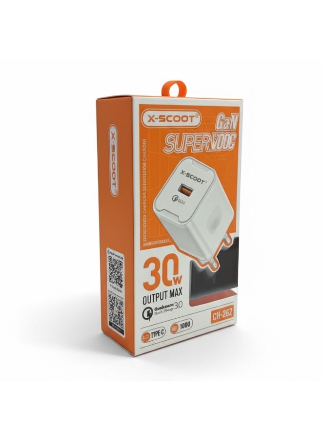X-SCOOT CH-262 30W Fast Wall Charger with Included 1000mm USB-C Cable, QC 3.0 High-Speed Charging, Safe PC Materials, and Multi-Circuit Protection for Reliable Daily Use - Image 2