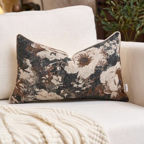 Yangest Neutral Flower Pillow Cover 12 x 20 Inches Nature Chenille Rectangle Throw Pillow Cover Soft Luxury Accent Couch Pillow Cover for Living Room Bedroom Coffee Brown - Image 1