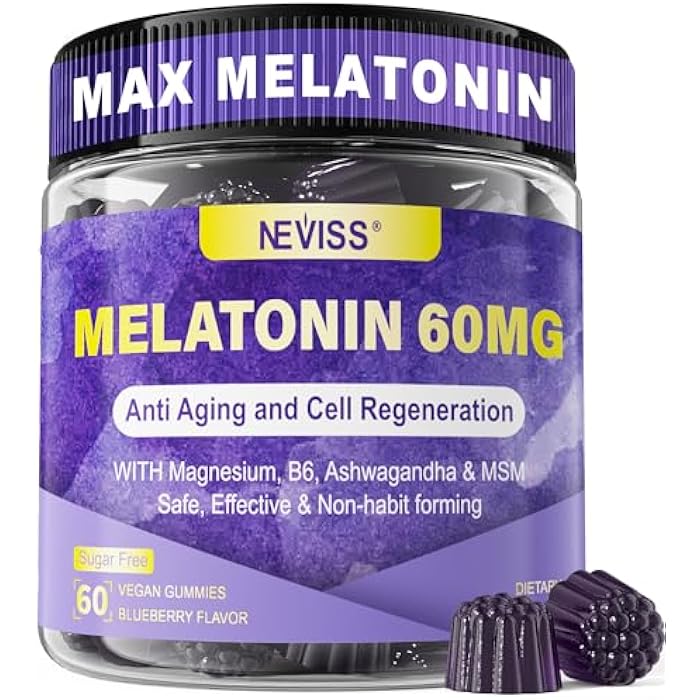 NEVISS Antioxidant & Brain Support Melatonin 60mg 30mg for 50+ Adults | High Dose Melatonin for Anti-Aging & Immune | Extra Strength Melatonin Gummies with B6, Ashwagandha, Magnesium, MSM - 60 Gummies - Image 1