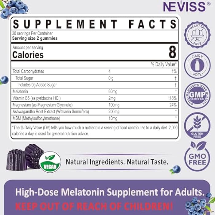 NEVISS Antioxidant & Brain Support Melatonin 60mg 30mg for 50+ Adults | High Dose Melatonin for Anti-Aging & Immune | Extra Strength Melatonin Gummies with B6, Ashwagandha, Magnesium, MSM - 60 Gummies - Image 2