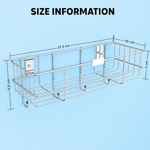 Boniry Stainless Steel Bathroom Shelf for Wall | Self Adhesive Bathroom Organiser | 4 Hooks for Towel Holder | Space-Saving Wall Mounted Bathroom Shelf with Elegant Design (Silver, Pack of 2) - Image 2