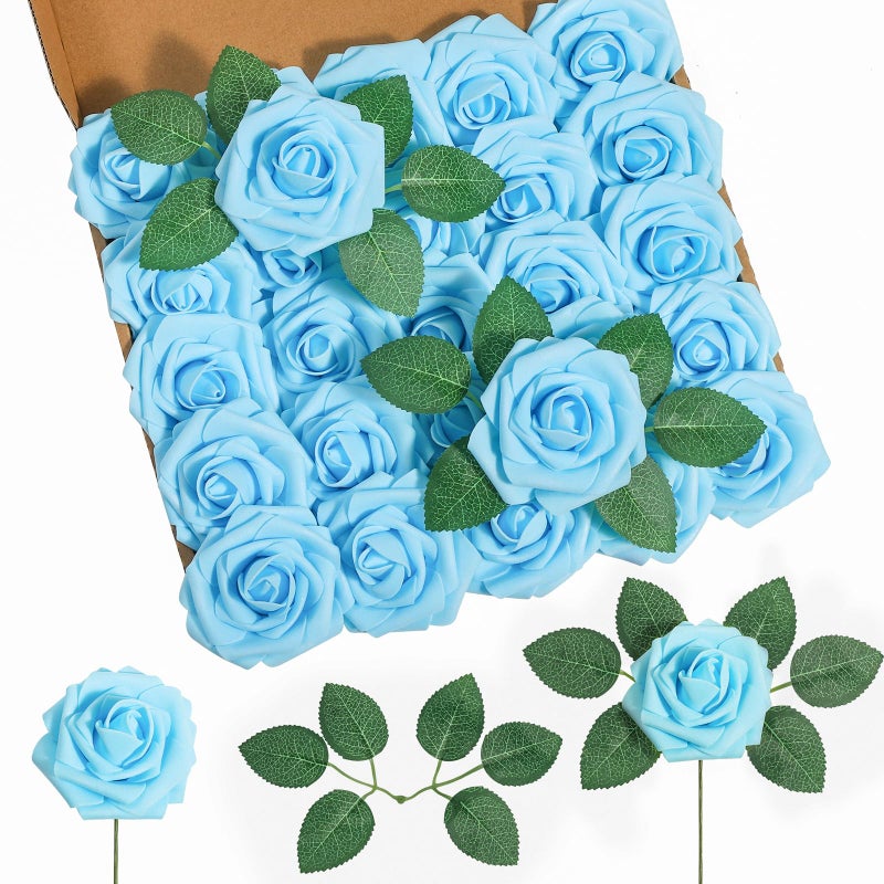 DuHouse 25Pcs Artificial Roses Flowers Fake Rose with Stems Real Touch Foam Flowers for DIY Wedding Bouquet Baby Shower Centerpiece Floral Arrangement Party Home Decor (Baby Blue) - Image 1