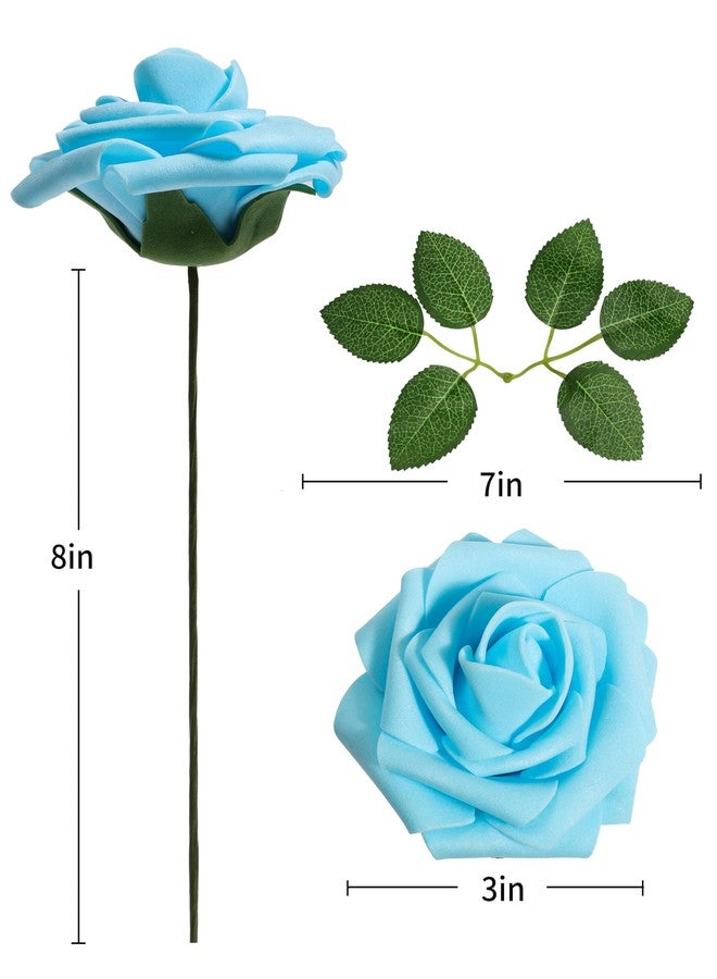 DuHouse 25Pcs Artificial Roses Flowers Fake Rose with Stems Real Touch Foam Flowers for DIY Wedding Bouquet Baby Shower Centerpiece Floral Arrangement Party Home Decor (Baby Blue) - Image 2