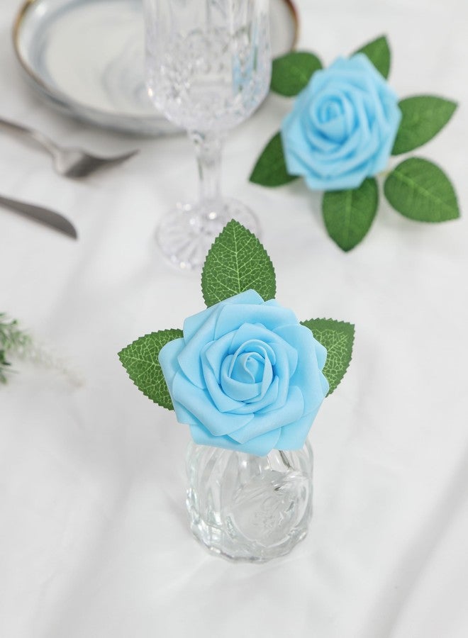 DuHouse 25Pcs Artificial Roses Flowers Fake Rose with Stems Real Touch Foam Flowers for DIY Wedding Bouquet Baby Shower Centerpiece Floral Arrangement Party Home Decor (Baby Blue) - Image 4