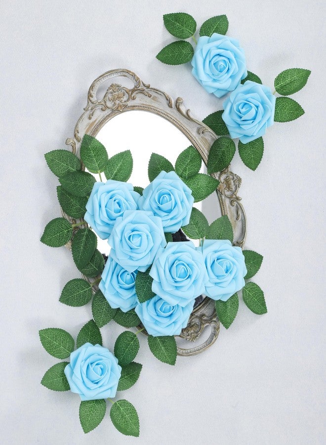 DuHouse 25Pcs Artificial Roses Flowers Fake Rose with Stems Real Touch Foam Flowers for DIY Wedding Bouquet Baby Shower Centerpiece Floral Arrangement Party Home Decor (Baby Blue) - Image 3