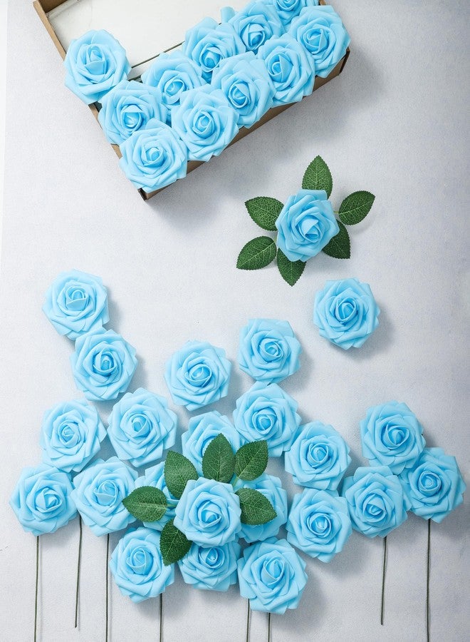DuHouse 25Pcs Artificial Roses Flowers Fake Rose with Stems Real Touch Foam Flowers for DIY Wedding Bouquet Baby Shower Centerpiece Floral Arrangement Party Home Decor (Baby Blue) - Image 5