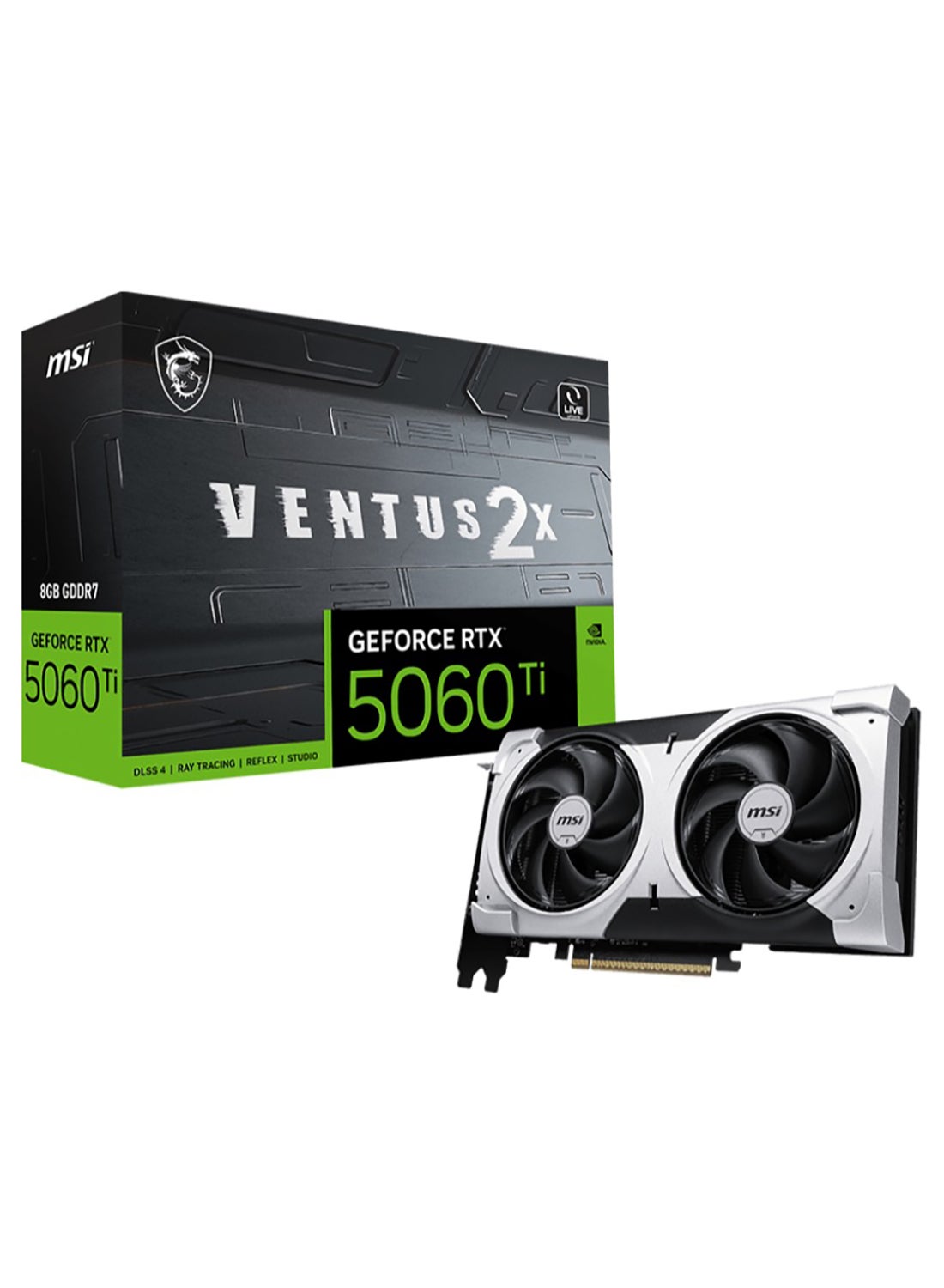 GeForce RTX 5060 Ti VENTUS 2X PLUS 8G GDDR7 Graphics Card, NVIDIA Blackwell Architecture, 4608 CUDA Cores, Dual-Fan Cooling, 2520 MHz Boost Clock, PCIe 5.0, 128-bit, HDMI 2.1 & DisplayPort 2.1, Ray Tracing & DLSS 3.5, 16-Pin Power, VR Ready, 4K Gaming, AI-Accelerated, 180W TDP, Black | G506T-8V2P